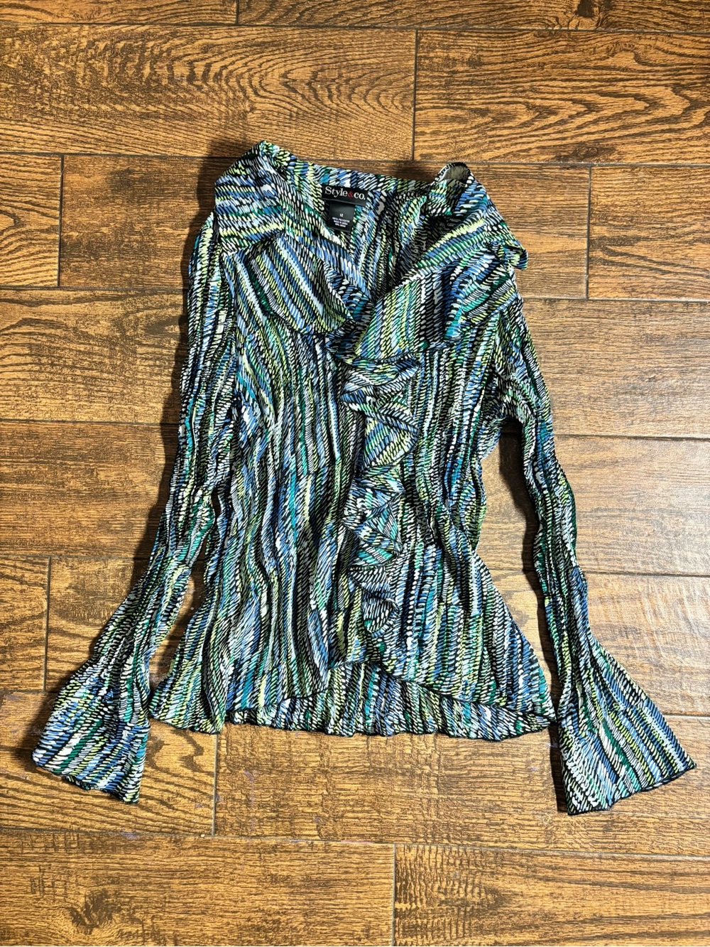 Style & Co. Blue & Green Ruffle Front Long Sleeve Blouse
